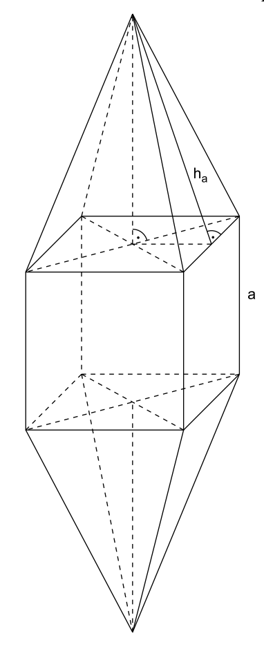 Geometrische Skizze eines Prismas mit zwei Pyramiden und eingezeichneter Höhe ha.